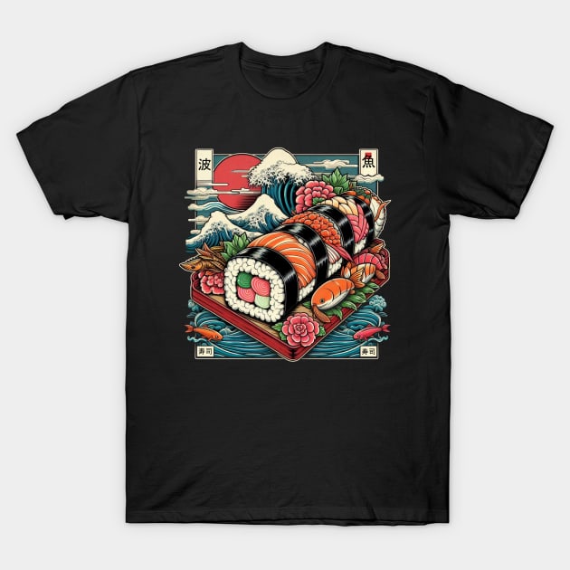 Sushi Wave Men Women Vintage Edo Japanese T-Shirt by CP6Design